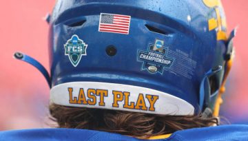 FRISCO, TX - MAY 16: The FCS logo sits on the back of a South Dakota State Jackrabbits helmet before the game between the South Dakota State Jackrabbits and the Sam Houston State Bearkats during the Division I FCS Football Championship held at Toyota Stadium on May 16, 2021 in Frisco, Texas. (Photo by C. Morgan Engel/NCAA Photos via Getty Images)