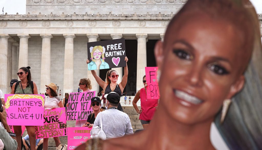 Supporters of pop star Britney Spears participate in a #FreeBritney rally at the Lincoln memorial on July 14, 2021 in Washington, DC.