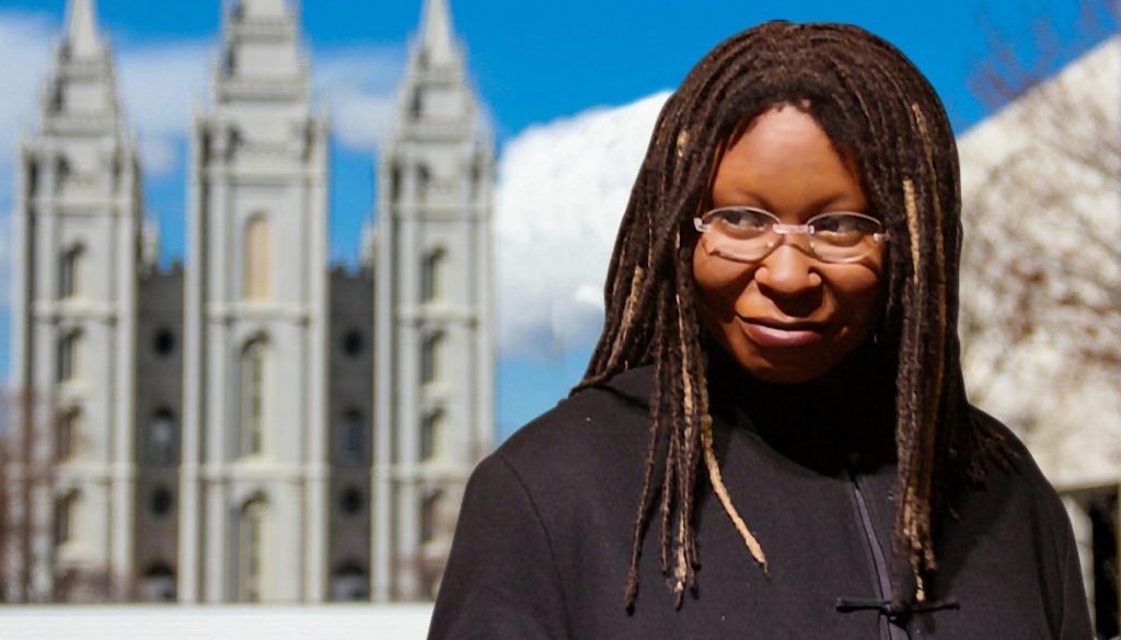 Whoopi Goldberg standing in front of LDS temple in Salt Lake City, Utah