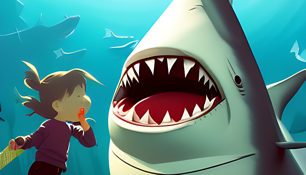 a cartoon shark an a little girl