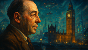 a portrait of CS Lewis with a vision of a futuristic London