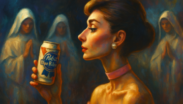 Audrey Hepburn holding a can of beer in front of a group of nuns
