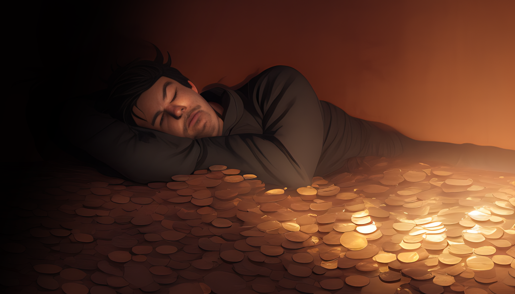 a man sleeping on a pile of pennies