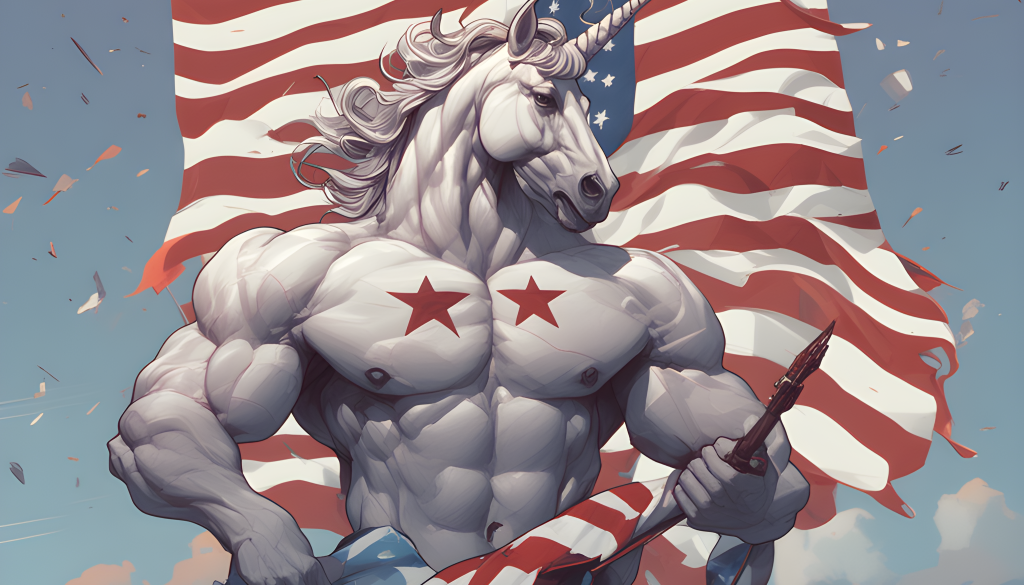 a muscular unicorn holding an American Flag
