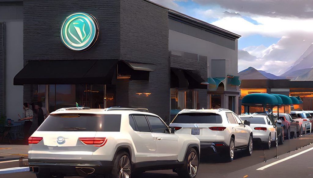 A long line of cars at a starbucks drive thru