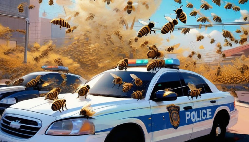 A police car covered by a swarm of bees