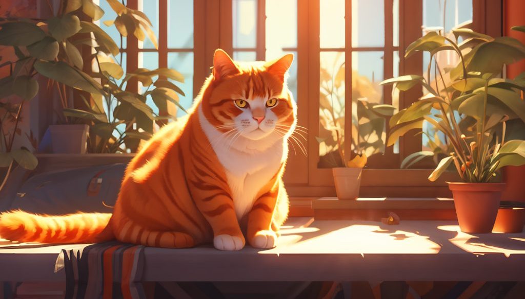 a fat Orange cat with black stripes lazily sitting in a beam of sun
