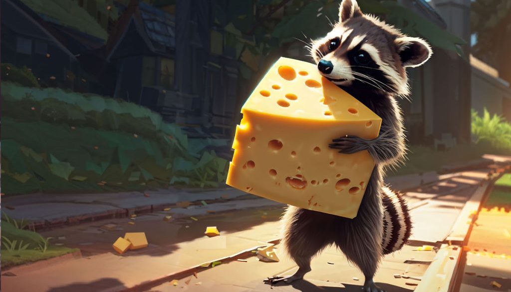 a raccoon carrying a large piece of cheese