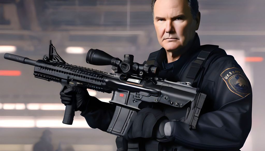 Norm MacDonald dressed as a SWAT officer
