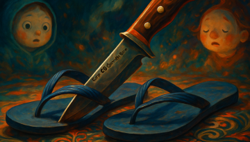 a pair of flip-flops stabbed by a knife