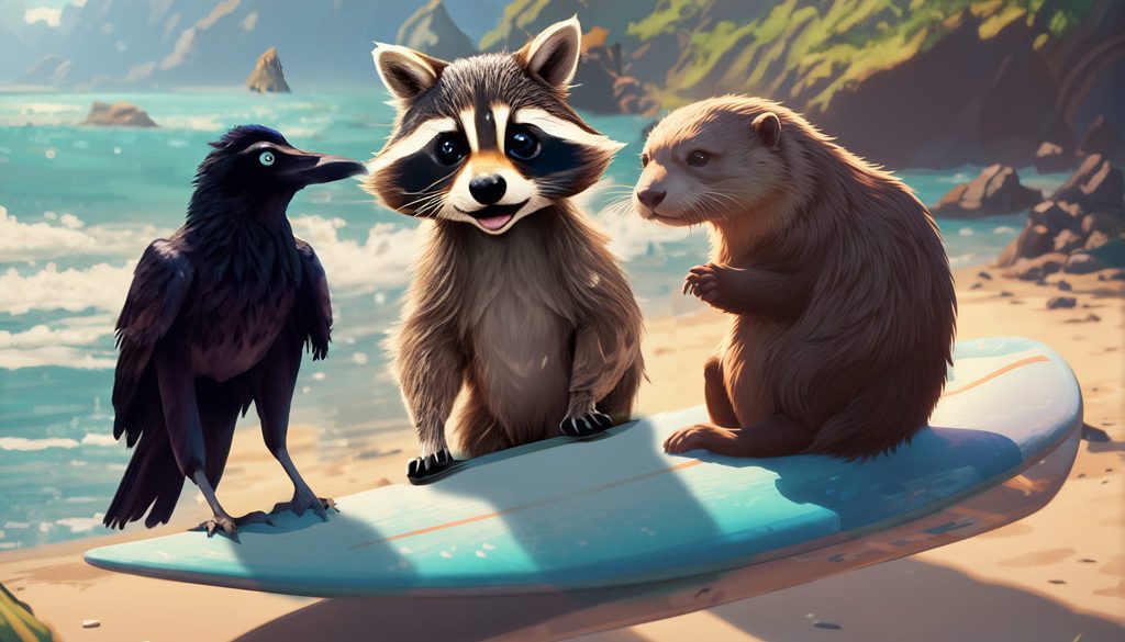 a crow, a raccoon and an otter on a surboard