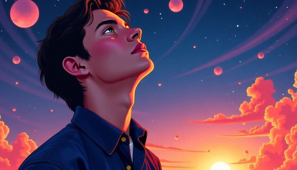 Young Elon Musk looking up at stars