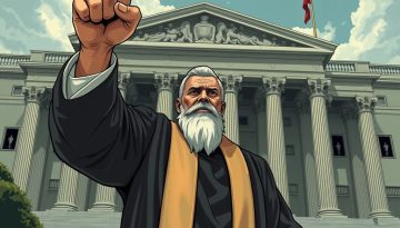 a defiant judge holding a fist up outside of a courthouse