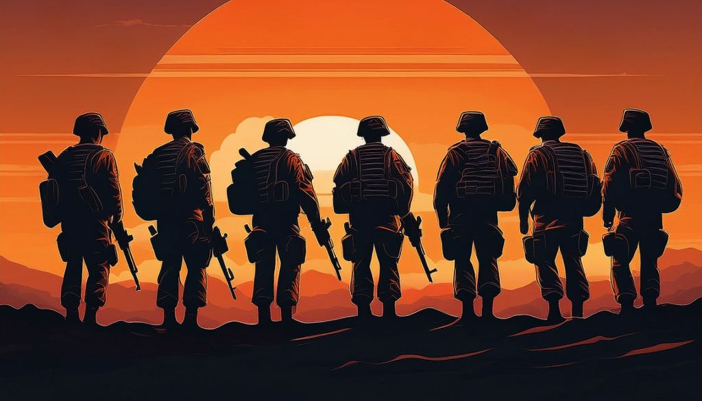 soldiers facing a sunset
