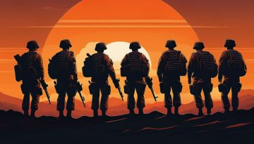 soldiers facing a sunset