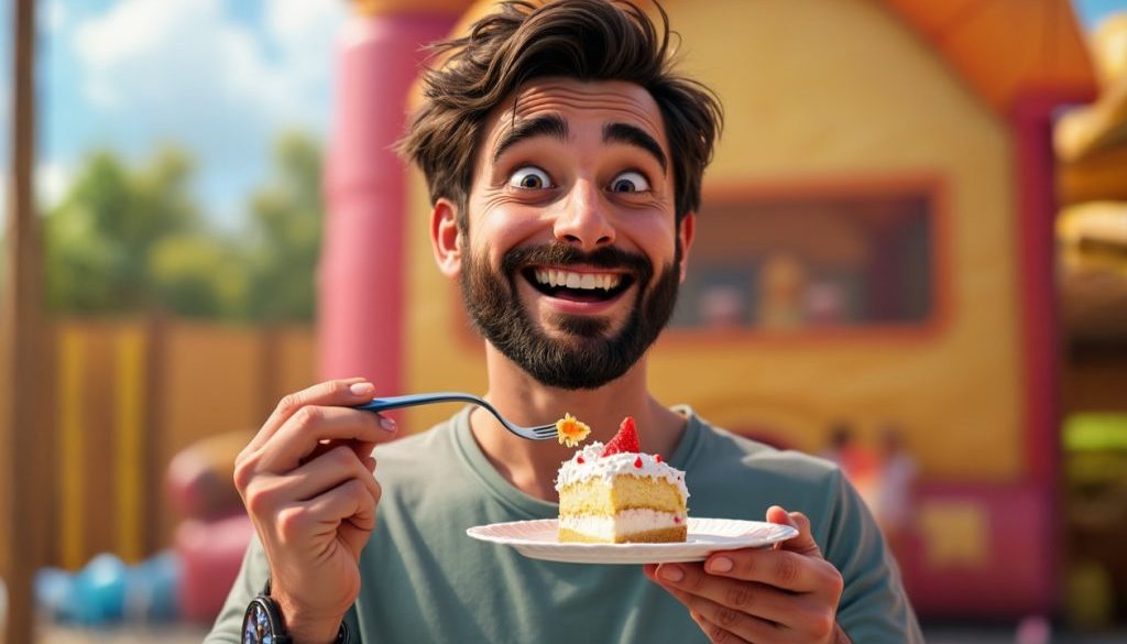 A happy man holding a small paper plate with a piece of birthday cake on it. He's eating the cake with a fork and there is a bounce house in the background