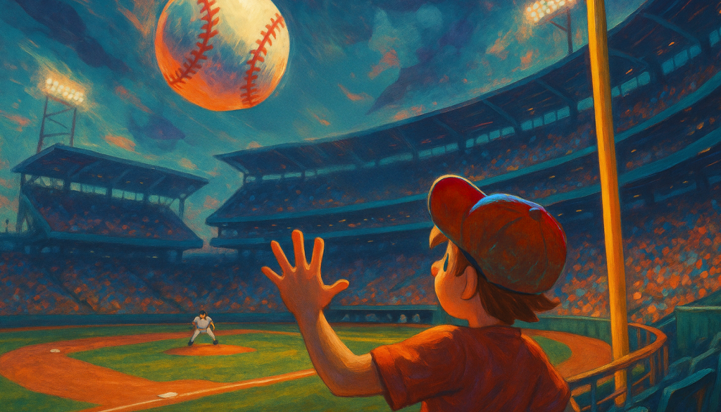 an illustration of a foul ball falling into the stands at a baseball game