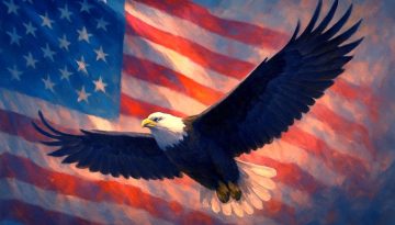 a bald eagle flies in front of a giant American flag