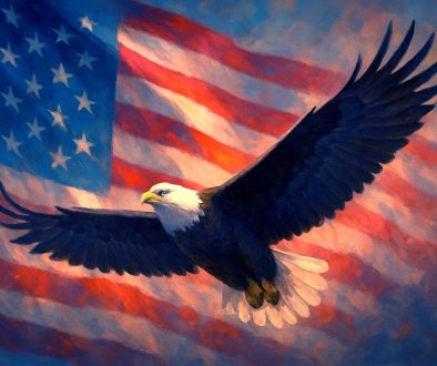 a bald eagle flies in front of a giant American flag