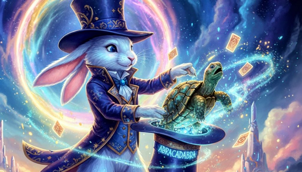 a magician rabbit pulling a tortoise out of a top hat