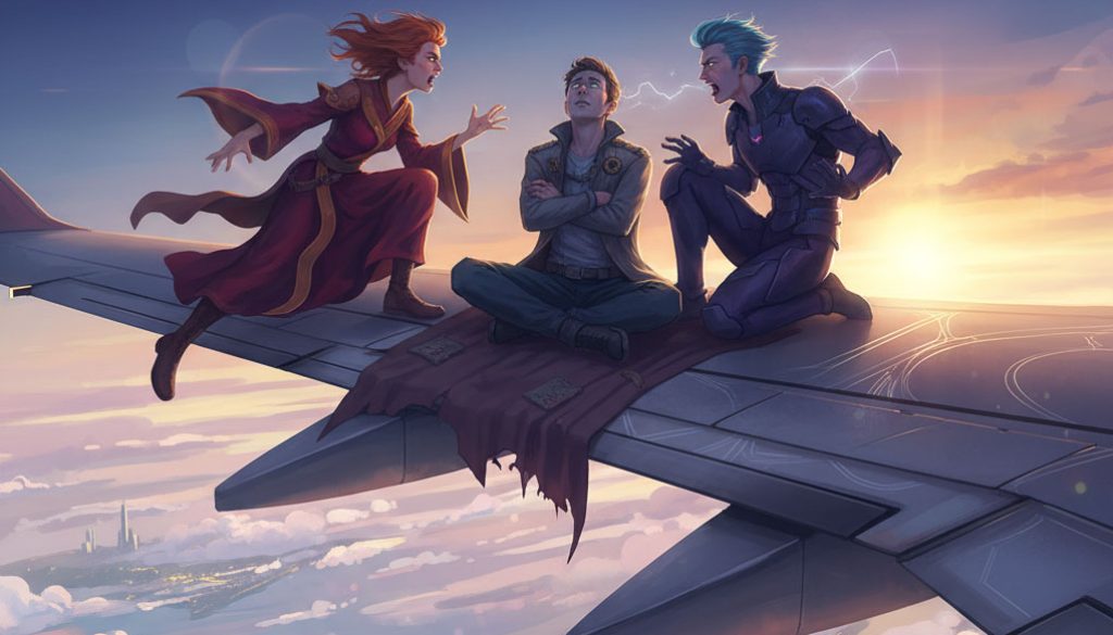 a couple arguing over a man while all three sit on an airplane wing midflight