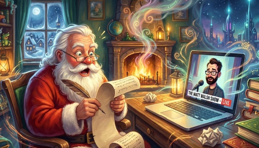 Santa Claus checking his list while listening to Matt Walsh.