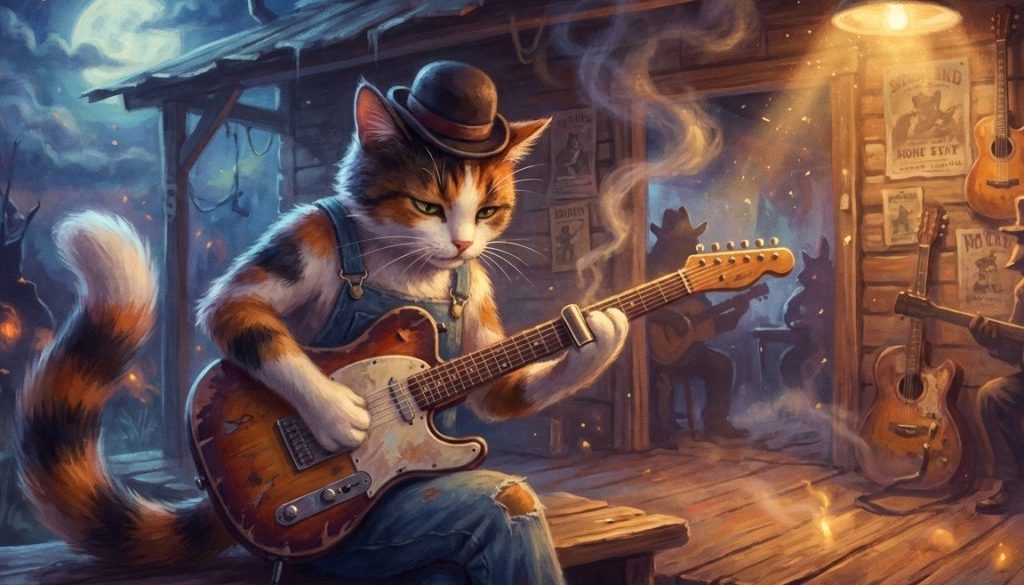 a calico cat playing the blues on an electric guitar