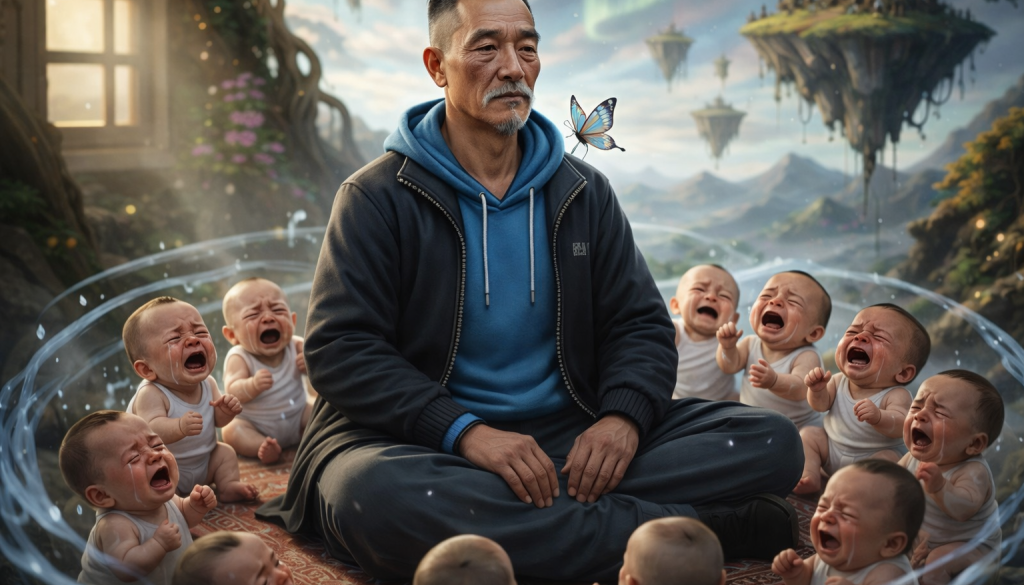 middle age man with crying babies
