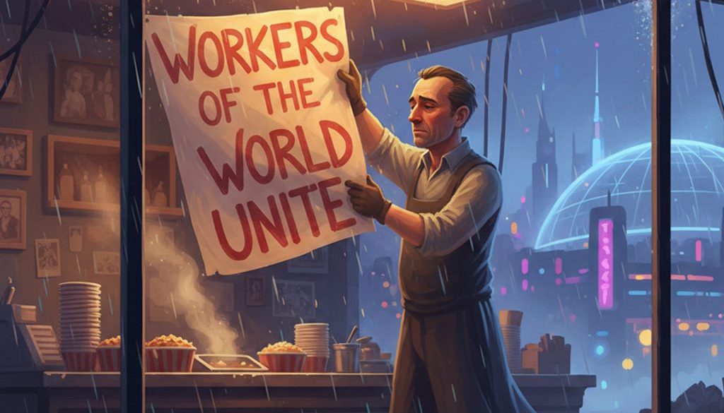 A Shop keeper takes down a sign that says "workers of the world unite"