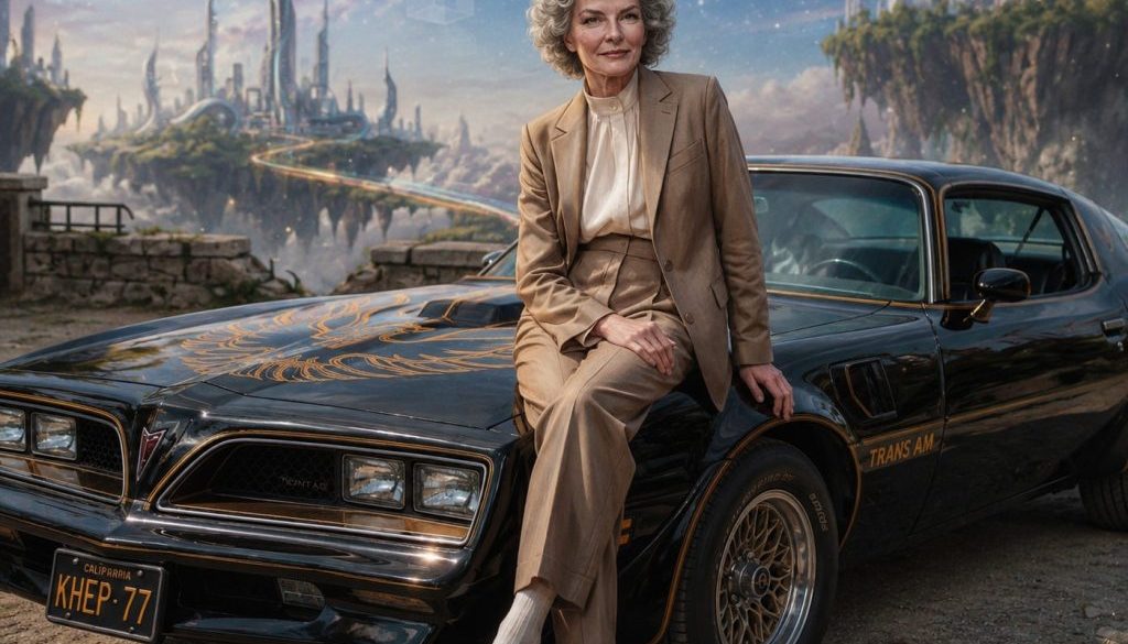 Katherine Hepburn sitting on a 1977 Trans Am