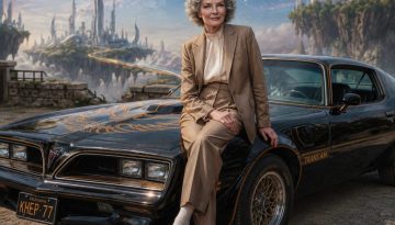 Katherine Hepburn sitting on a 1977 Trans Am