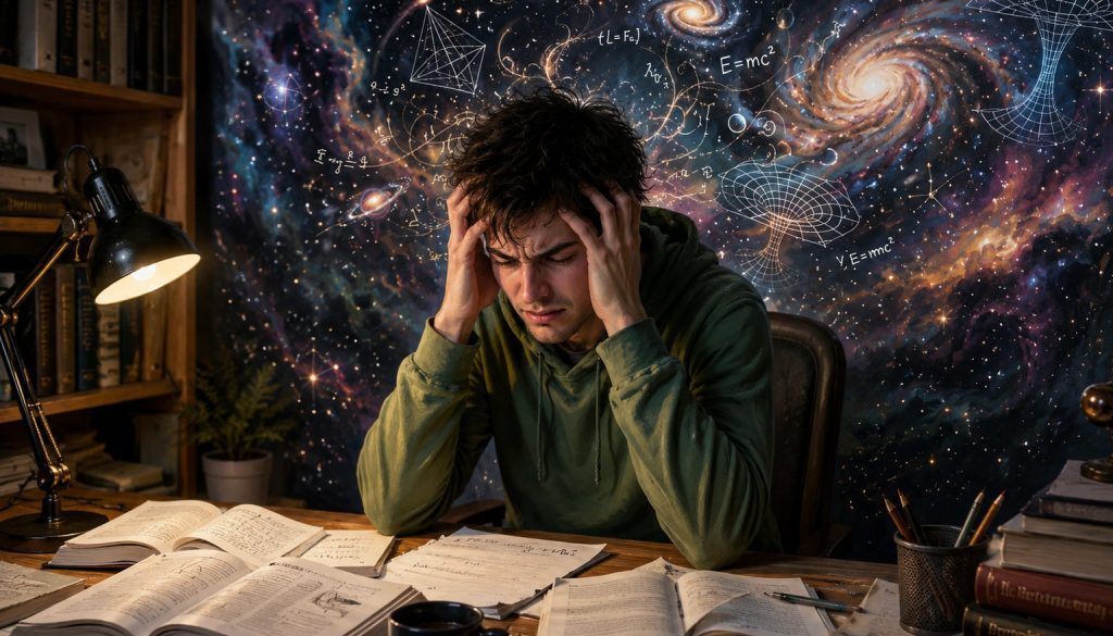 a man thinking through a difficult problem with a magical universe in the background