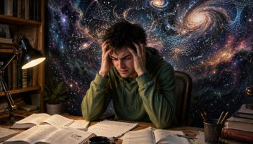 a man thinking through a difficult problem with a magical universe in the background