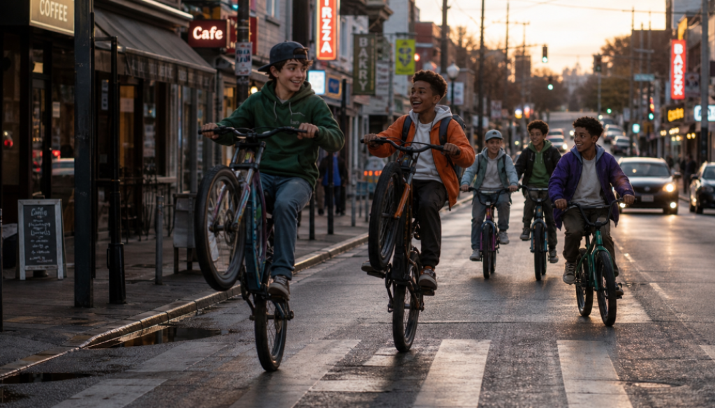 Teenage Boys goofing off on e-bikes