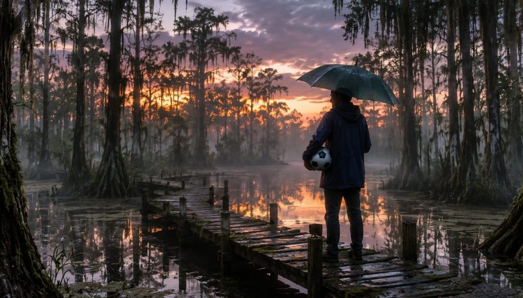 a man holding an umbrella and a soccer ball in the bajou