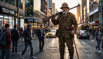 A Victorian big game hunter standing in the middle of a modern city street.