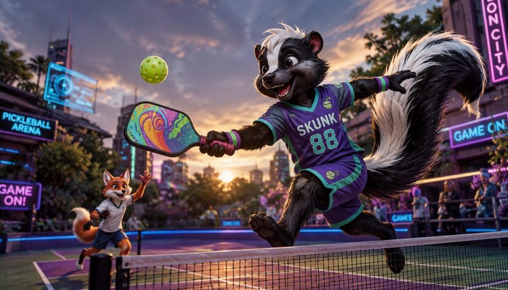 a skunk playing pickleball
