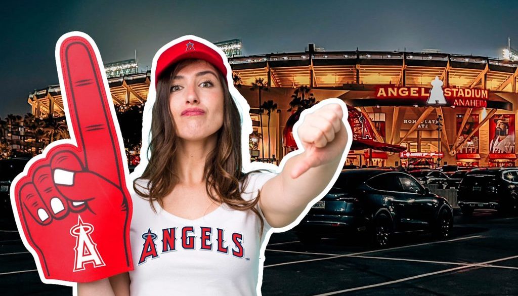 A female Angels fan outside the stadium expressing her displeasure.