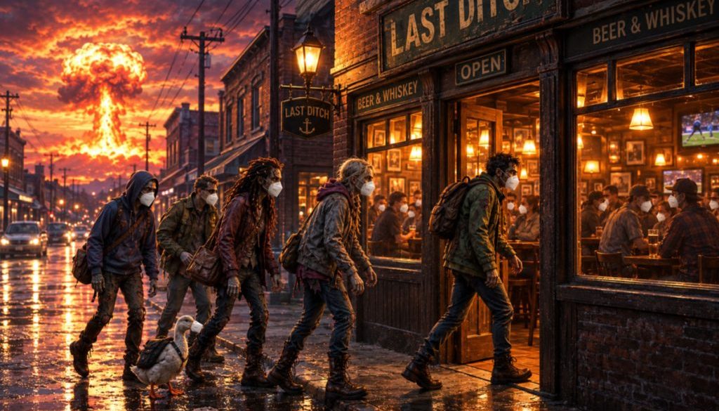 Zombies and a duck wearing KN-95 masks walking into a bar during Armageddon