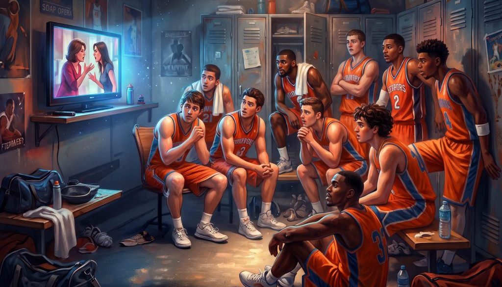 a basketball team watching a soap opera in their locker room